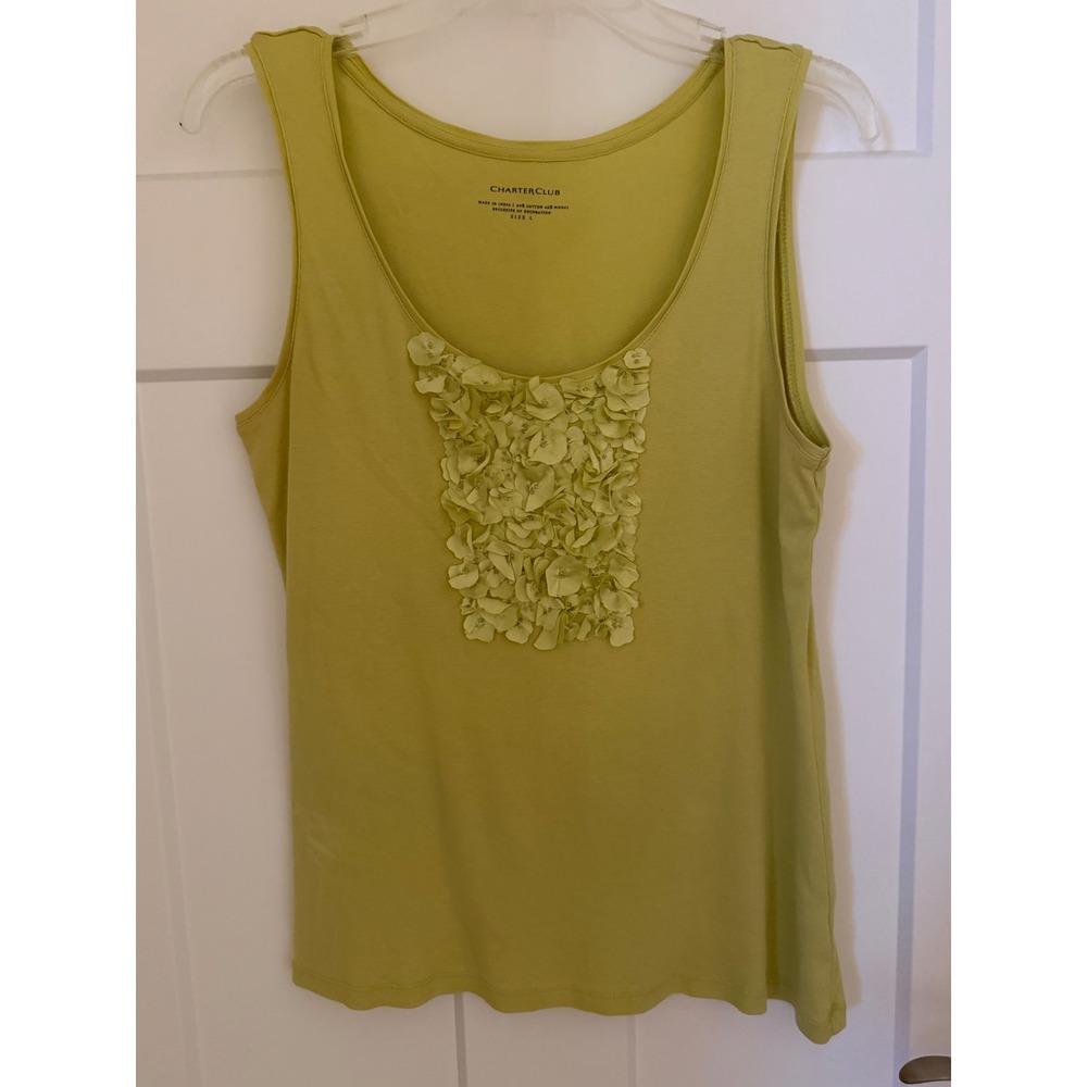 Charter Club Women Lime Green 3D Floral Applique Beaded Tank Top Size L